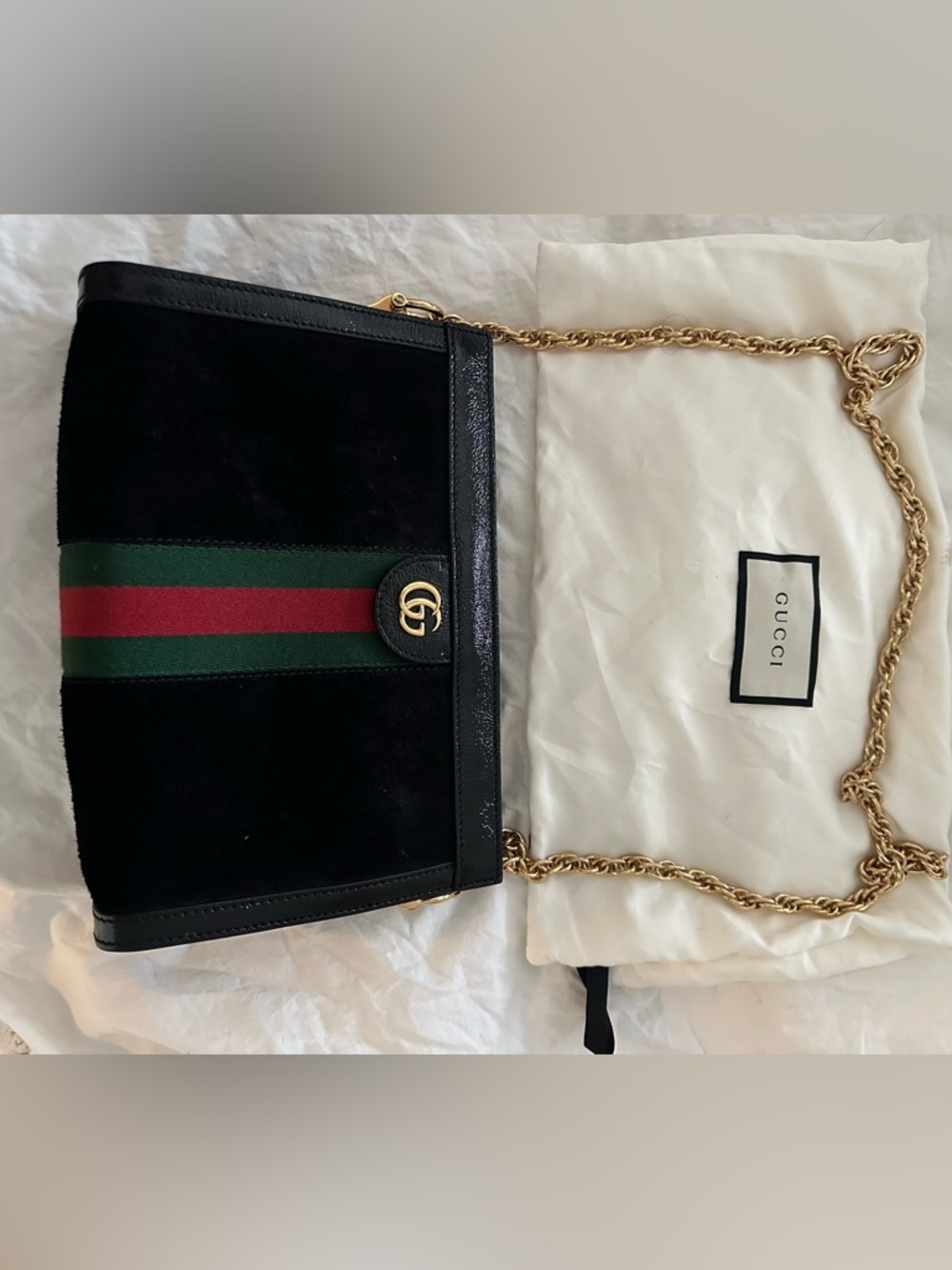 Gucci Black Leather Messenger with Green and Red Web Stripe